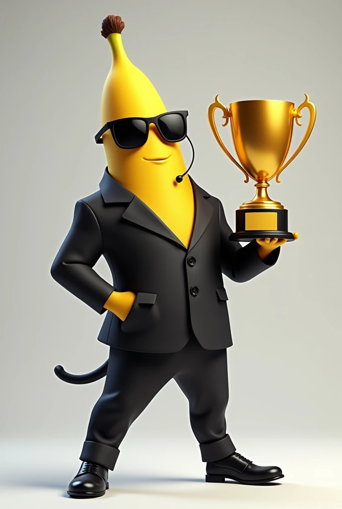 A banana agent, which is a character with the appearance of a banana dressed as a secret agent, He is holding a golden trophy with both hands. Agent Bananin wears a tight black suit, dark sunglasses and an agent earpiece in his ear. The trophy is big, shiny and is mounted on a gold pedestal. The background of the image is simple and neutral, like a light gray or white background, to ensure the main focus is on Agent Bananin and the trophy.”