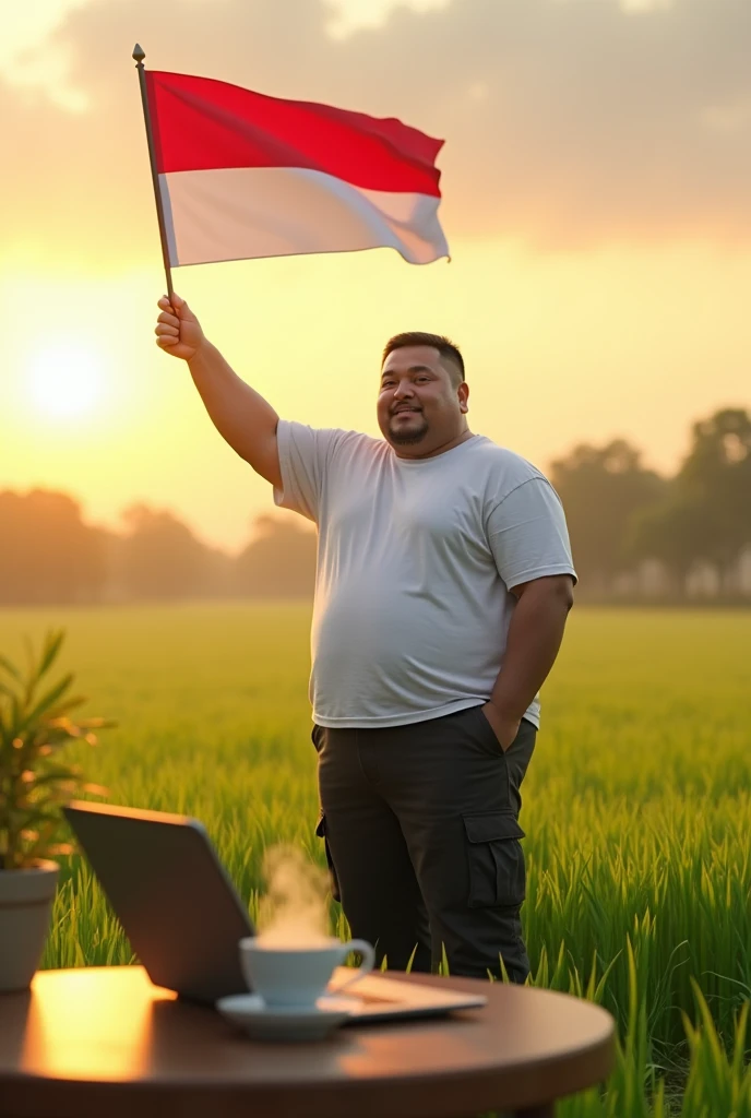 (photorealism:1.2), a half fat asian man((no moustache and no beard)),(white t-shirt and black cargo pants) waving the Indonesian flag on a fresh green meadow accompanied by the rising morning sun, looking at the camera, table, laptop diatas table dan secangkir kopi panas yang mengeluarkan asap (detailed)