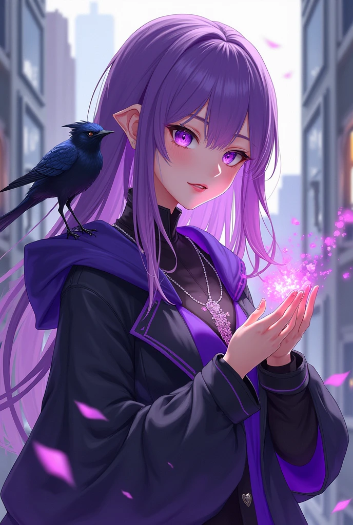 Purple Hair girl, acheron clothes, rich, mage, purple eyes, mage, younger, ilusionist, ACHERON STAR RAIL, modern clothes, bird flying over shoulder, fix the hands