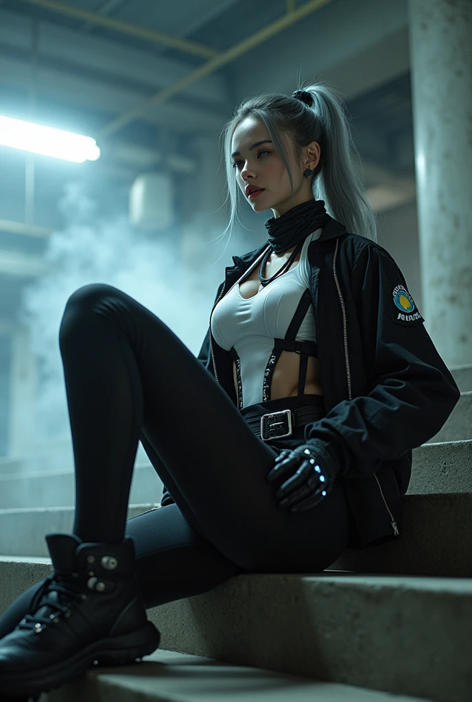 nsfw, masterpiece, Best Quality, hyper Realistic, A mysterious and sophisticated beautiful young gravure Japanese woman wears futuristic and sexy fashion art. /// sitting focus breasts,, from below, /// ultra-slim waist, large firm breasts, a large-sized buttocks, Healthy legs, showcasing sculptural beauty. gray arranged ponytail, Realistic hair, Realistic light color eyes, Realistic skin, Detailed face, beautiful Realistic face, , small head, woman is climbing at a wide angle, with her full body in frame. large Butt, sexy large breasts, slim waist, Cyber punk taste fashion, /// dressed in a striking white and black military print bodysuit paired with a sleek black leather belt with a futuristic metallic buckle and low-rise black sweat Knee-high skirt with zipper accents. She wears a sheer black mesh bomber jacket adorned with white and black military patches, chunky black high-cut Sneakers with silver hardware. Her look is fierce and bold, complemented by black fingerless gloves with white LED lights and high-tech accessories. adding an edgy attitude. Her outfit is completed, merging functionality with style. exuding a hint of rebellion, embodying the essence of future street-chic fashion. The wear hugs her body tightly, accentuating her curves and digging sensuously into her skin, /// small head and face, Detailed wide Duck mouth, half open mouth, perfectly aligned teeth, perfect beautiful wide teeth, light blue eyes, half open eyes, shiny Droopy eyes, looking other, /// She is situated within the interior of a futuristic colony, in the deep night, with mist drifting and steam rising from concrete