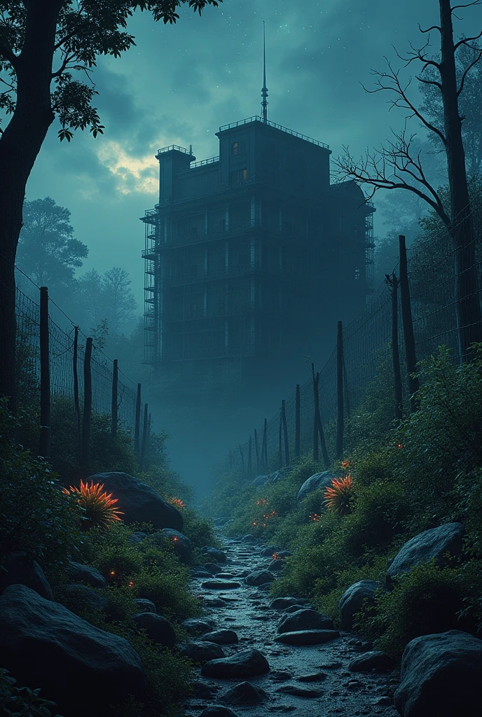 A dark place with magical nature , stars and a building resembling a military base covered by a fence