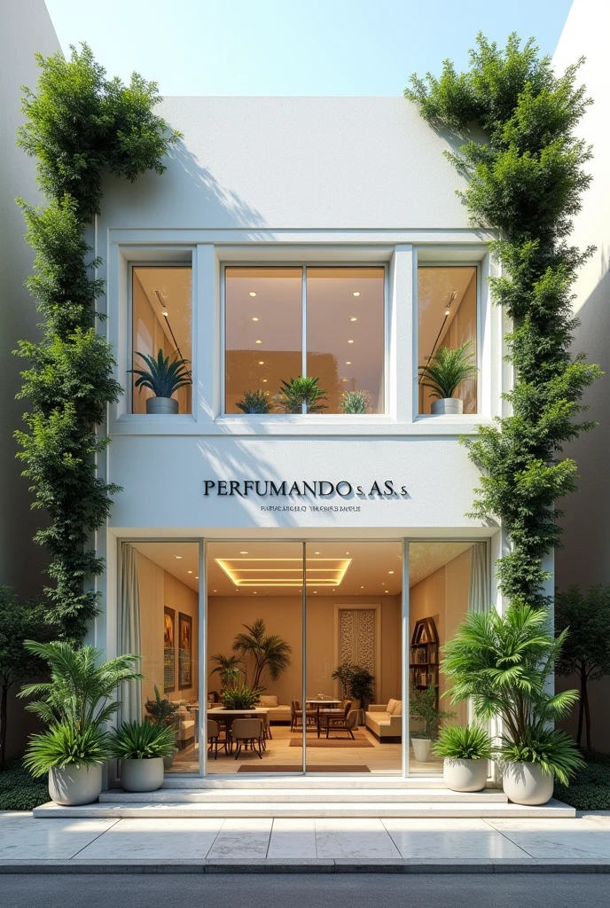 I want you to create the facade of a perfume laboratory that looks very NATURAL called "PERFUMANDO s.A.s"
Make it look a little less natural.
May my facade be white and have several plants around it.
This place must be located in the center of a city.
It must be in a commercial area where there are a lot of people.