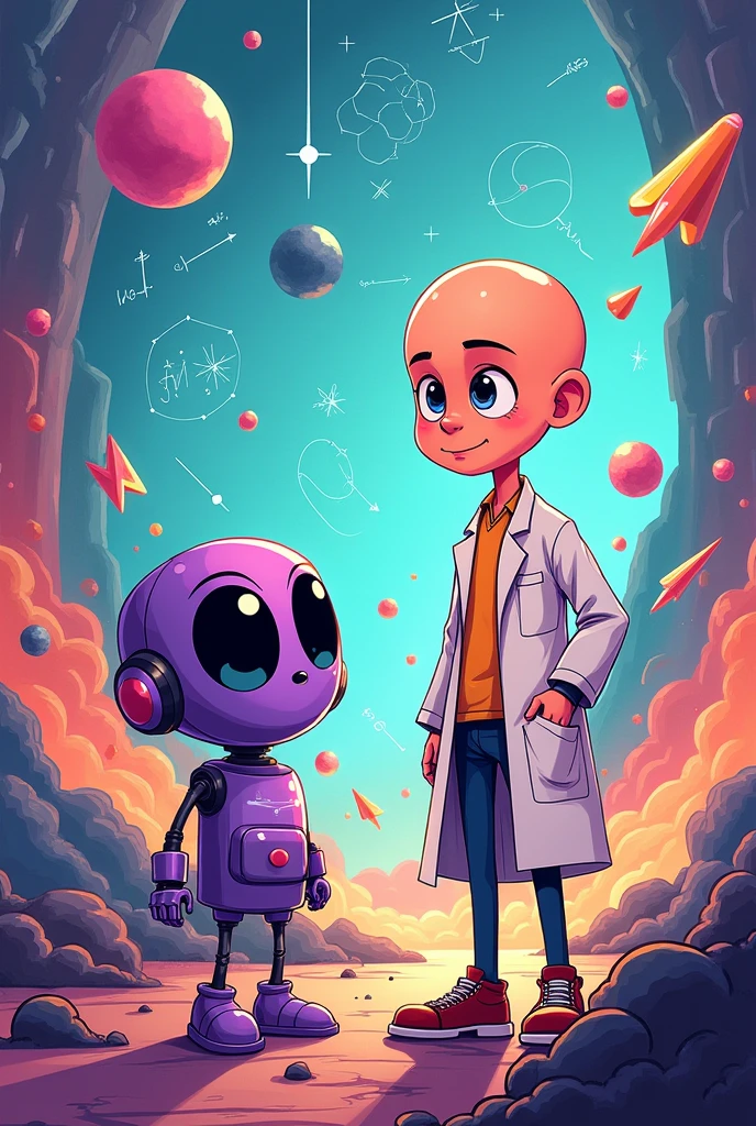 Make a cartoon comic poster about albert a young bald scientist with a lagcoat with matica a purple she robor in their exploration in the topic motion and kinematics