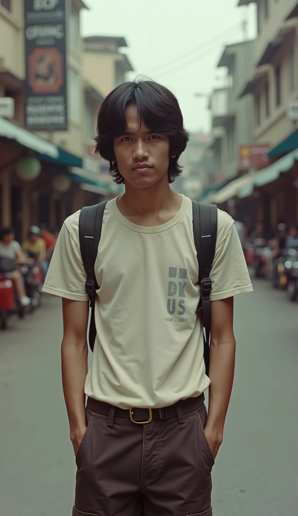 Some photographs circa 1982, street photo in Bandung city, full body shot, a man with shoulder length black hair, wearing casual clothes from 1982, showing all body, Photograph from pockets camera, Kodak colour, Purpleish, face looking to viewer, white skin, full body photos,