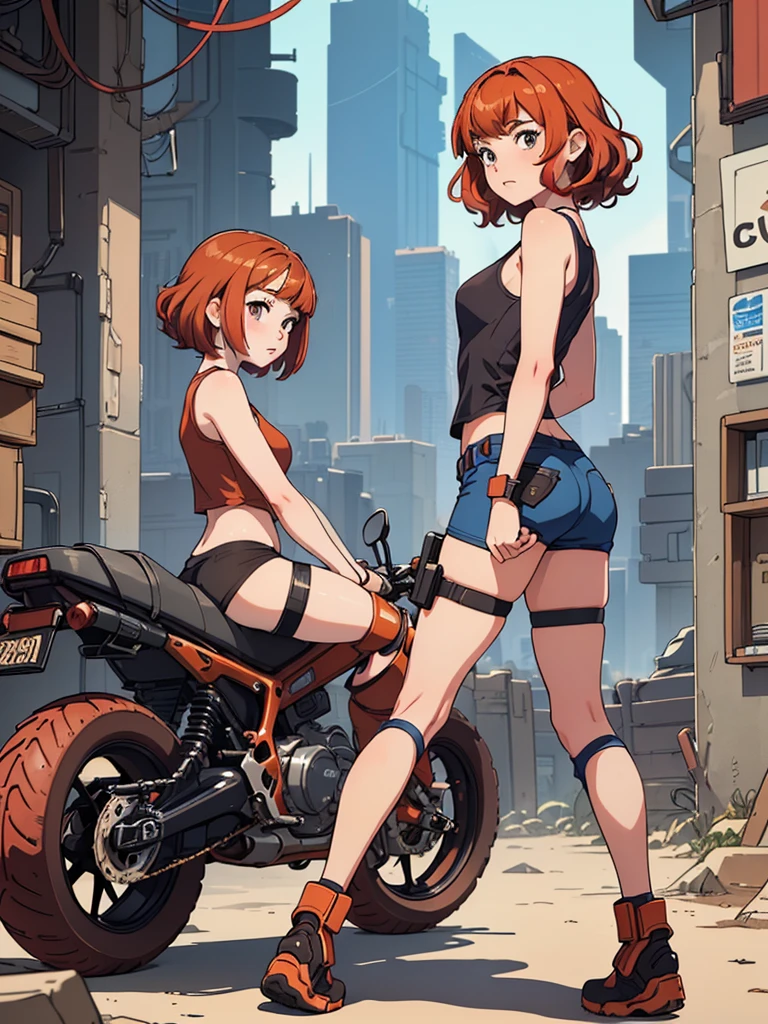(masterpiece), (best quality), ((one girl)), ((alone)),copper red hair,(brown eyes),short hair, (curly hair),((side parted hair bangs)),anime style, freckles, (small breasts), (petite figure), (blue tank top), cyberpunk,((knee pads)),legs, (desert background))