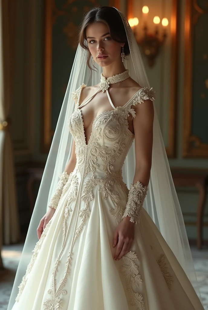 European woman model with veil . Wearing wedding dress embroidered tie neck collar. show full body. Extremely luxurious.