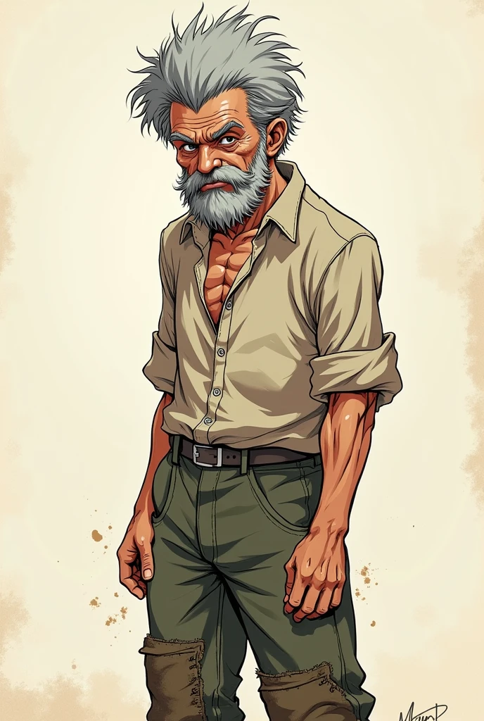 Versão anime mango traços dragon ball Z, drawning, Here are the anime style descriptions/mango, with features inspired by Dragon Ball Z Mr. Vasco, 7, he is a thin man, with muscles still defined despite their age. He has a thick gray beard that covers much of his face., and your hair, also gray, it's short and messy. Your skin is tanned and rough, result of years working under the sun. He wears a simple, dirty shirt, always with the sleeves rolled up, and patched pants. Your eyes are small, but they shine with a wisdom acquired over the years. He moves slowly, but with a quiet determination.
