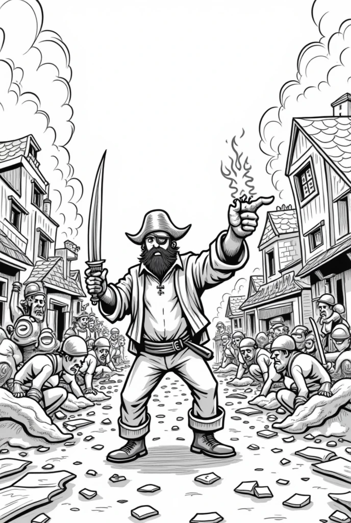 Create an easy to draw black and white drawing, of a pirate yelling at others , while they burn and kill people in a town that is around the sea.
Make the drawing easier to draw and not so realistic, Put an eye patch on one of the pirates' eyes and put some destroyed things.
Place destroyed and burning things . Place swords and torches on the other pirates. Make the drawing easier to draw , it takes away realism , places destroyed and ruined houses . Fix the main pirate's eye and put houses destroyed and on fire