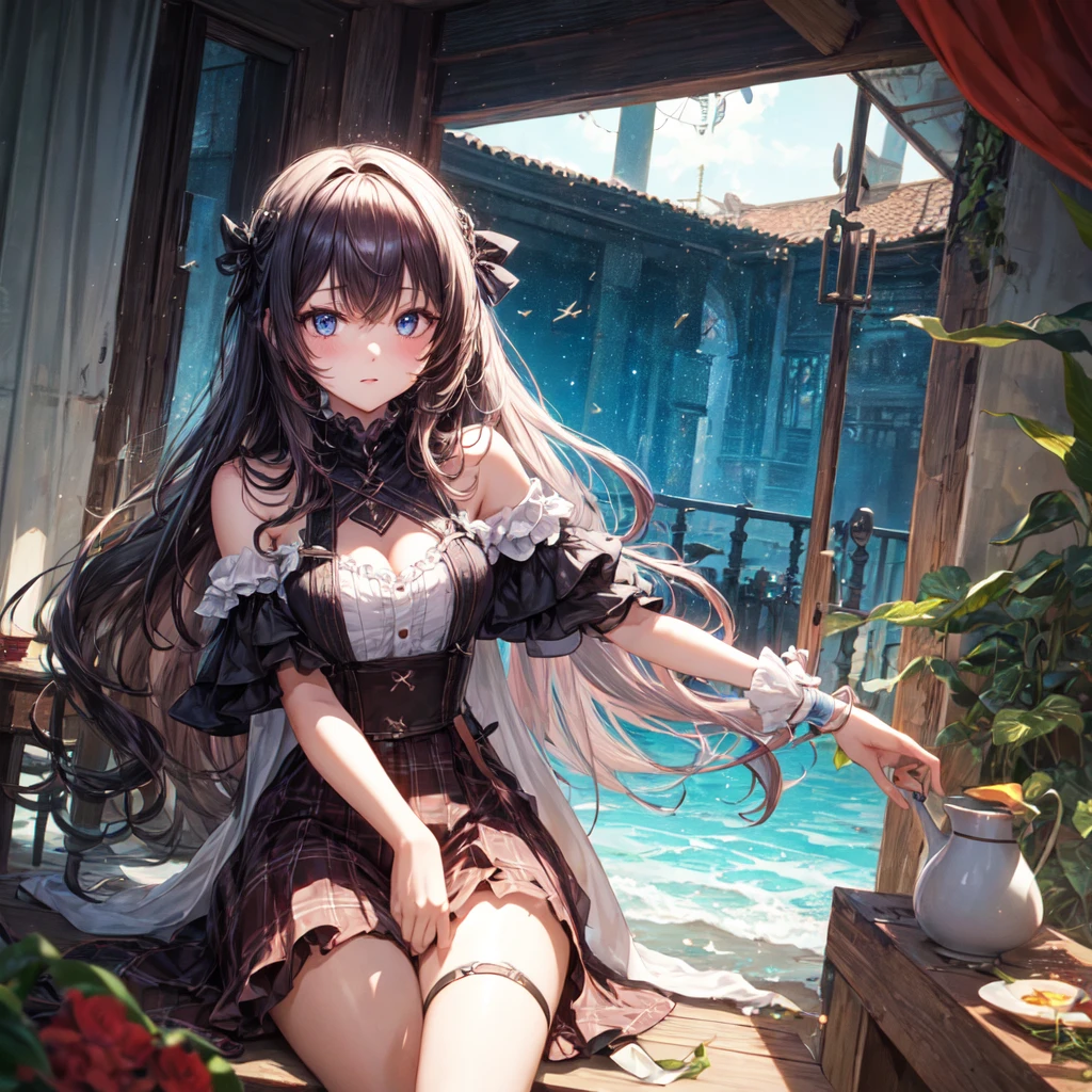 leaf, palm_tree, plant, potted_plant, vines, bamboo, tanabata, tanzaku, 1girl, flower_pot, ivy, long_hair, cactus, barefoot, watering_can, solo, black_hair, palm_leaf, blinds, tree, sunset, couch, overgrown, bookshelf, bare_legs, morning_glory, tulip, indoors, yellow_flower, white_dress, flower, sitting, looking_at_viewer
//
very very huge breast:1.5 ,<lora:Zaun:0.6>, cleavage:1.1, (Z cup:1.9),gigantic breasts:1.6