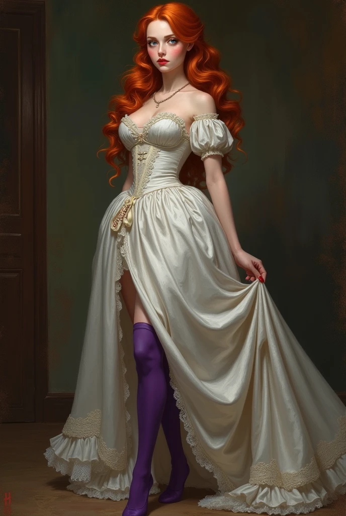 Draw me a woman with red hair 1850 who is a housekeeper very pretty looks thin but fit and wears tights with a very beautiful servant dress she should have violet eyes and be a real feast for the eyes whole body picture