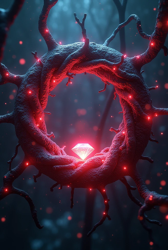Create a complex neural network, with intertwined dendrites and axons, forming a ring with a luminous diamond in the center. The ring pulses with neon red energy, connecting all neurons and creating a protective force field. cyberpunkstyle, with a futuristic and mystical atmosphere. Neon Lighting, creating contrasting shadows. Inspired by the works of Syd Mead.