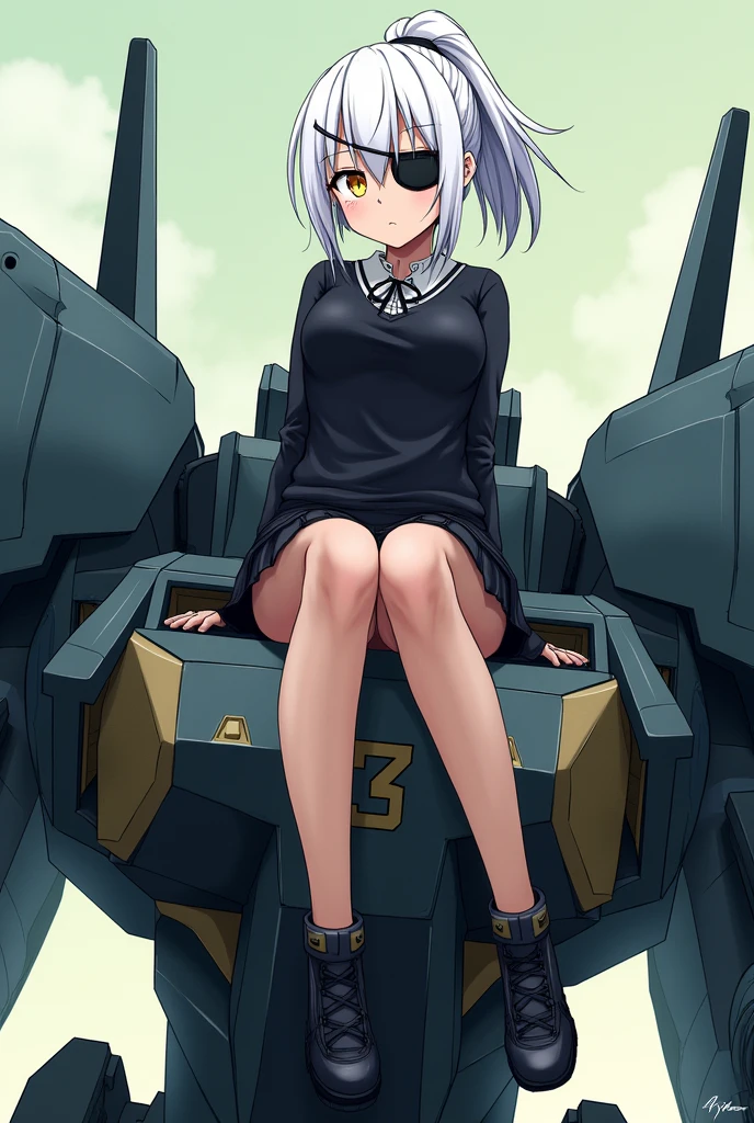 Medium height White short ponytail anime girl Determine yellow eye color with black eye patch wearing black school uniform, short skirt, tactical glove sitting on top a Battle mecha . Manga art style. 