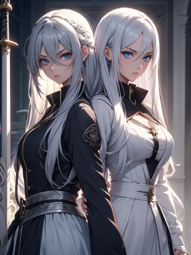 a young female twins anime characters with long white hair, beautiful detailed eyes, beautiful detailed lips, extremely detailed face, longeyelashes, holding a sword, dark grey hair, silver hair, blue eyes, inspired by Okumura Togyu and Okumura Masanobu, tall, slim, elegant, dramatic lighting, cinematic, detailed, hyperrealistic, 8K, high resolution, photorealistic, masterpiece