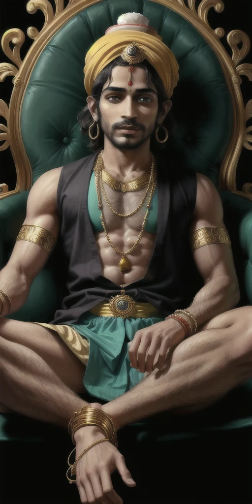 The image is a portrait of the Hindu deity Krishna, also known as Lord Krishna. He is depicted as a Hindu deity, sitting on a throne and playing a flute. Krishna is wearing a traditional Indian outfit, with a white turban on his head and a gold necklace and earrings. His face is painted black and he has a serene expression on his face. The background is dark, with green leaves and plants surrounding him. The overall mood of the image is peaceful and serene.