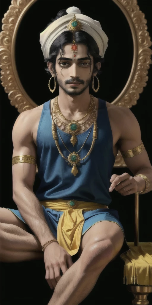 The image is a portrait of the Hindu deity Krishna, also known as Lord Krishna. He is depicted as a Hindu deity, sitting on a throne and playing a flute. Krishna is wearing a traditional Indian outfit, with a white turban on his head and a gold necklace and earrings. His face is painted black and he has a serene expression on his face. The background is dark, with green leaves and plants surrounding him. The overall mood of the image is peaceful and serene.