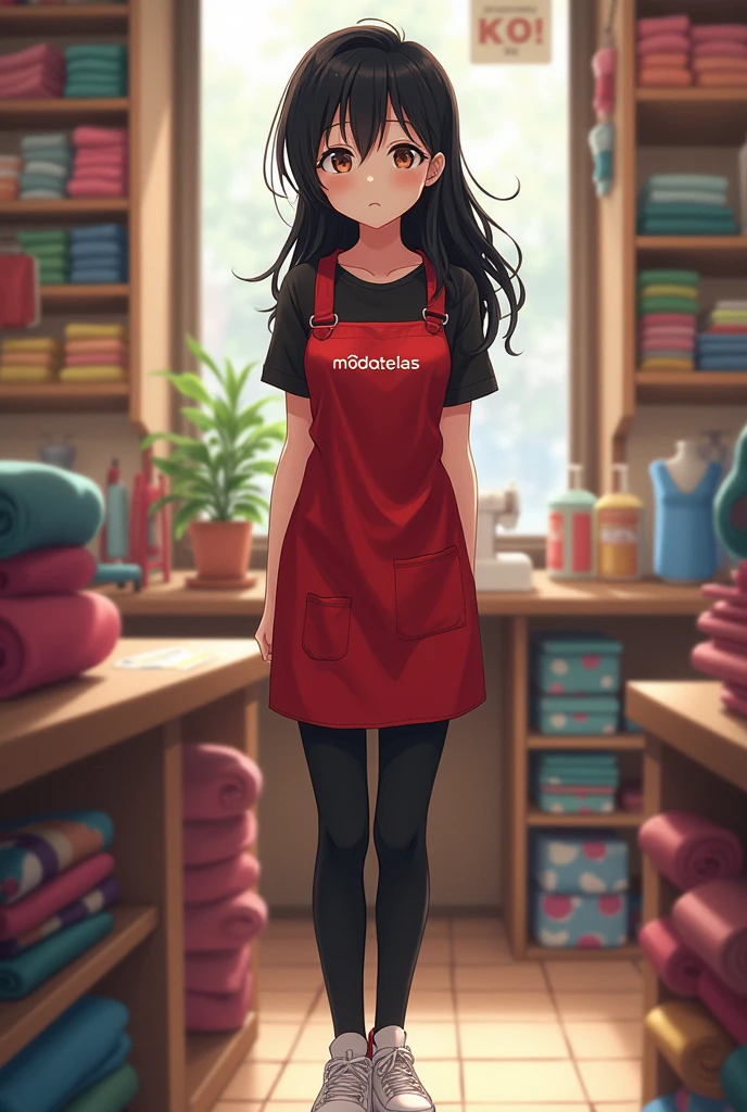 "An anime-style girl around 20 years old with a medium build, not too thin and not overweight. She has long, slightly messy black hair and brown eyes with visible dark circles. She is wearing a black shirt, black pants, white sneakers, and a red apron with the word 'Modatelas' written in the corner. The background is set in a fabric store, with rolls of fabric and various textile items surrounding her."