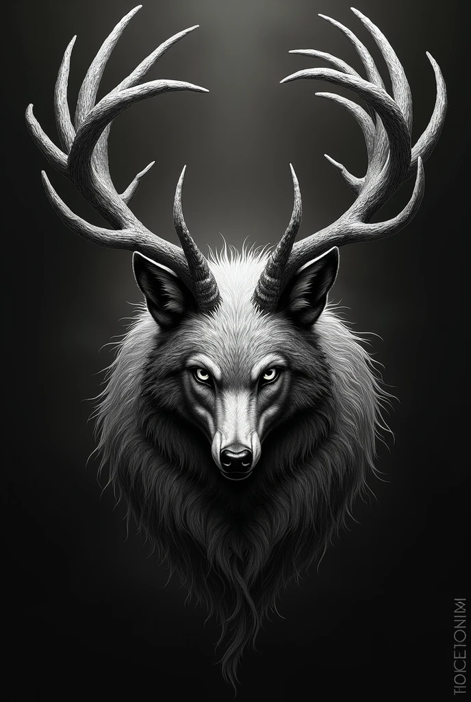 Anhangá tattoo art with deer antlers and maned wolf head 
