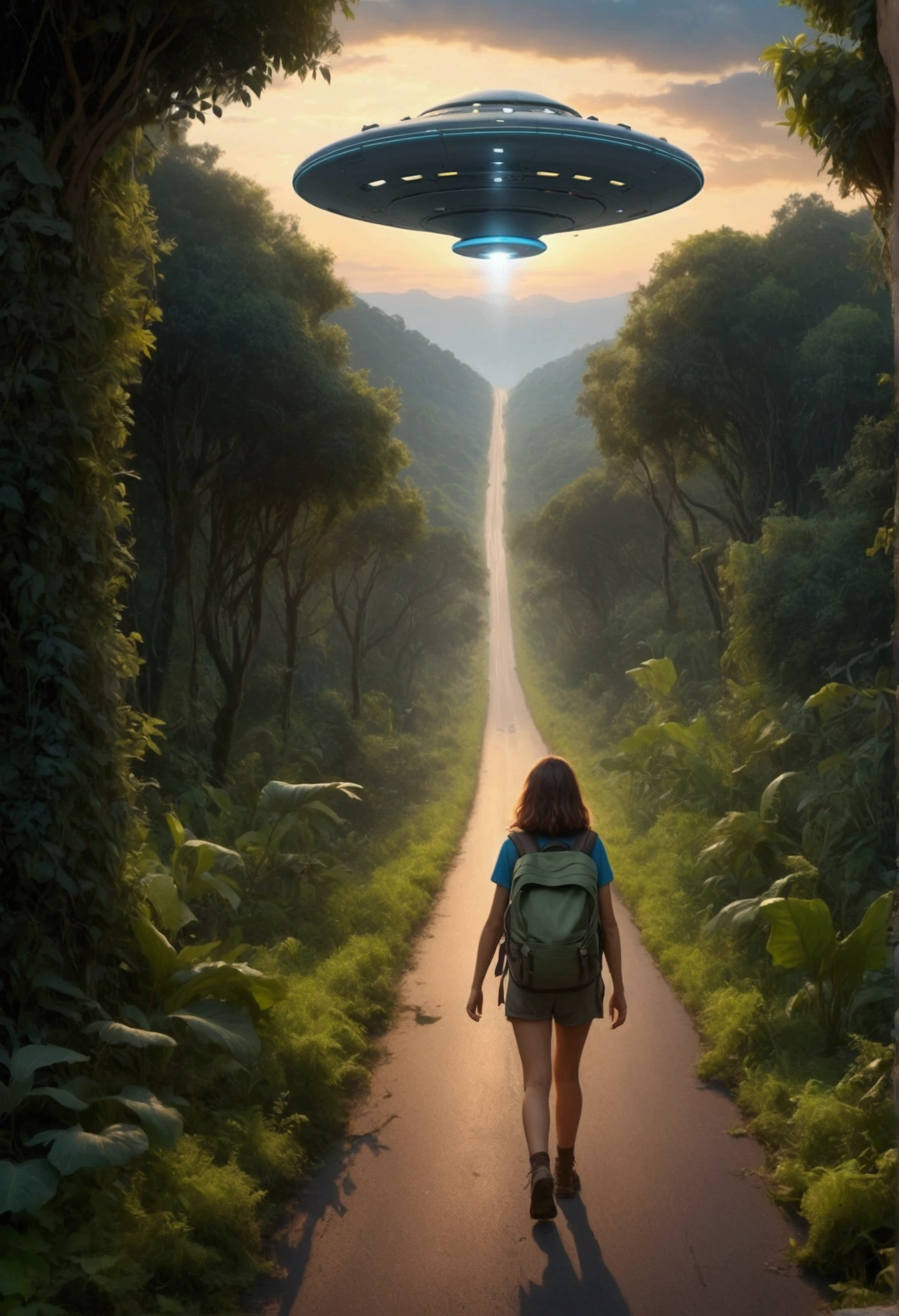 A road with a lot of vegetation, a female traveler with a backpack on her back asking for a ride from a UFO at dusk