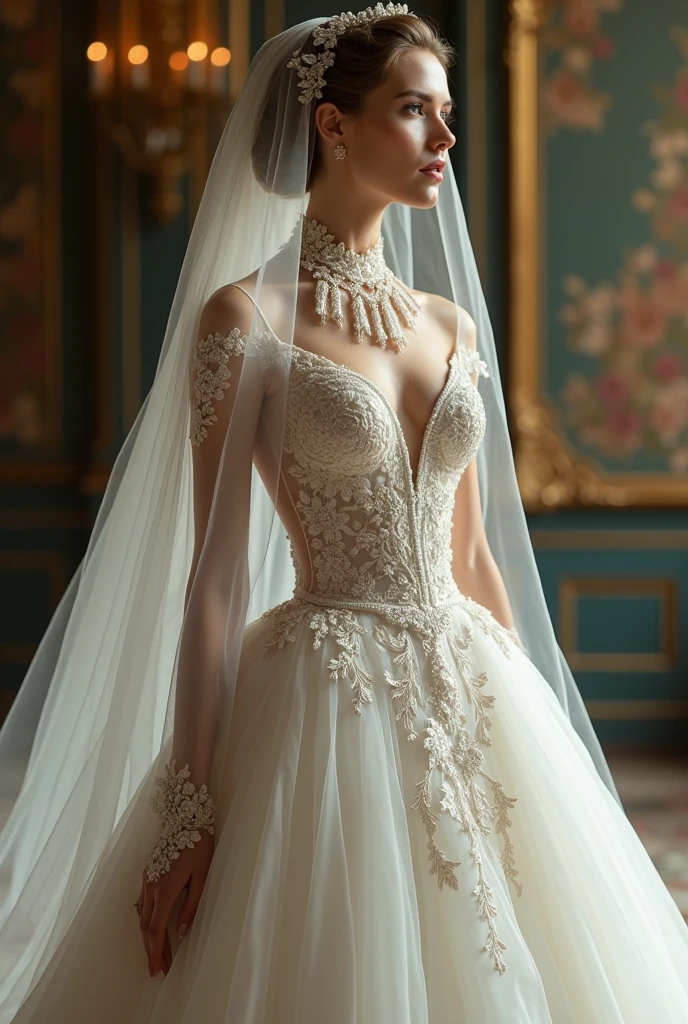 European woman model with veil . Wearing wedding dress embroidered tie neck collar. show full body. Extremely luxurious.