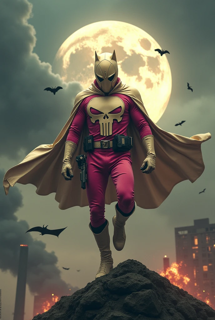 Malaysia man in high-tech suit, vivid effects, malaysian superhero (KELUANG MAN) in a striking pink and brown beige costume cyberpunk design((, mask small mini bat ear beige,)) daredevil beige mask, jumpsuit dark pink stands confidently in a dramatic.jumping from high place.hero costume.one hand rise up. (Big triangle logo on the chest.high detail Punisher logo on the chest)). jumping from hight place. Fighting pose , stormy landscape. ((Head covered node guard like batman. Running pose , athletic body type, small mini ear bat mask))The character wears domino mask a helmet with pointed mini torn ears and a flowing cape biege, open nose and mouth. Equipped with visible futuristic weapons on a belt,bullet proof jacket pink dark day.show fingers pose, dark night, big supermoon effect . Small logo on chest triangle shape small ((mitch gerads punisher ))logo center triangle cyber logo center on chest pink logo mini logo . rocky. Building top.smoke ground , bomb effect background, losse pants, losses costume.adding to --ar 3:4 --style raw --stylize 500 --v 6.1. chaos. Lot of small flying bat. One leg on the high stone. Man. Backpack . Real man age 40 year old. One hand holding belt.