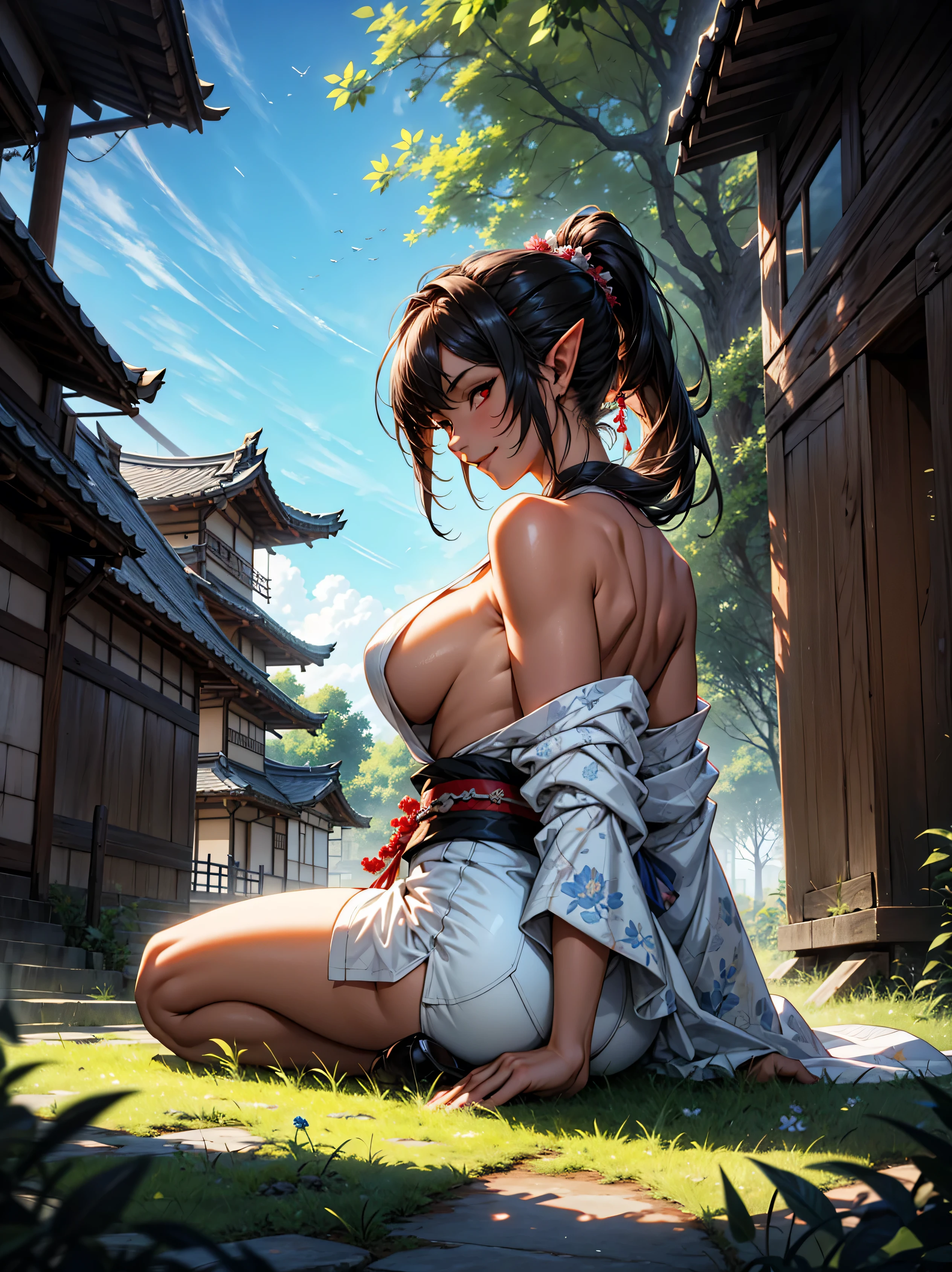 (High Detail:1.2) Anime girl, (Best quality, Detailed), Top quality, high resolution, perfect human structure, 1girl, (solo), elf, long hair, ponytail, black hair, (red eyes), smile, gravelly:1.3, dark:1.2, fair skin, white kimono, beautiful, big breasts, plunging neckline, intense look, dynamic pose, sitting on back in the grass, naked sex, sex view, japanesse temple behind, (8k, vibrant colors, digital art, concept art)