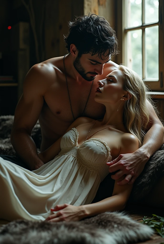 A woman young, blonde hair golden colored strands, 20 year, dressed Sansa Stark style in nightwear. on a rustic animal skin bed with fear, above her a strong, tall man with obvious muscles, wearing no shirt, biting her neck with vampire fangs, he has red eyes and claws, but in human form.
They are in a room on a moonlit night, he biting her neck like a vampire while she screams