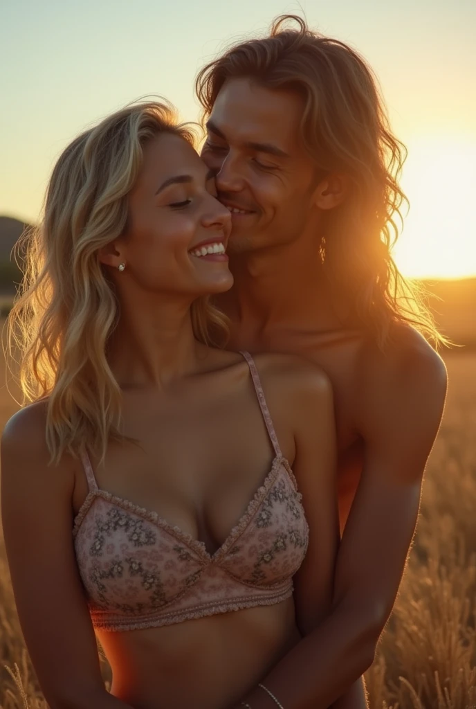 Woman with loose wavy light brown hair smiling at a man and slightly wavy blonde hair with beautiful physique in front of Sedona rocky boulders with a beautiful sunset behind