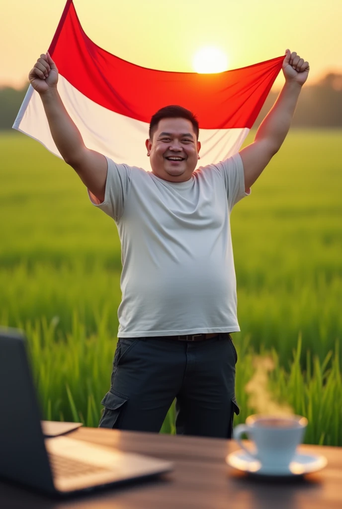 (photorealism:1.2), a slightly fat asian man((no moustache and no beard)),(white t-shirt and black cargo pants) waving the Indonesian flag on a fresh green meadow accompanied by the rising morning sun, looking at the camera, table, laptop diatas table dan secangkir kopi panas yang mengeluarkan asap (detailed)