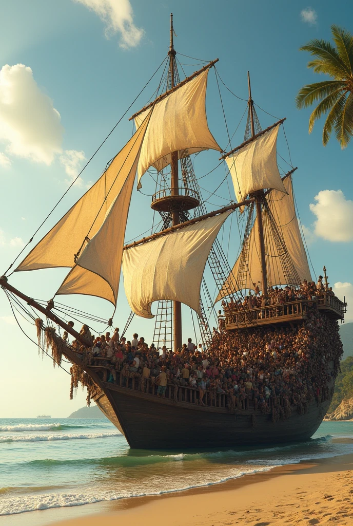 Wooden caravel on the beach with a hammock on the sand and hundreds of people inside the hammock