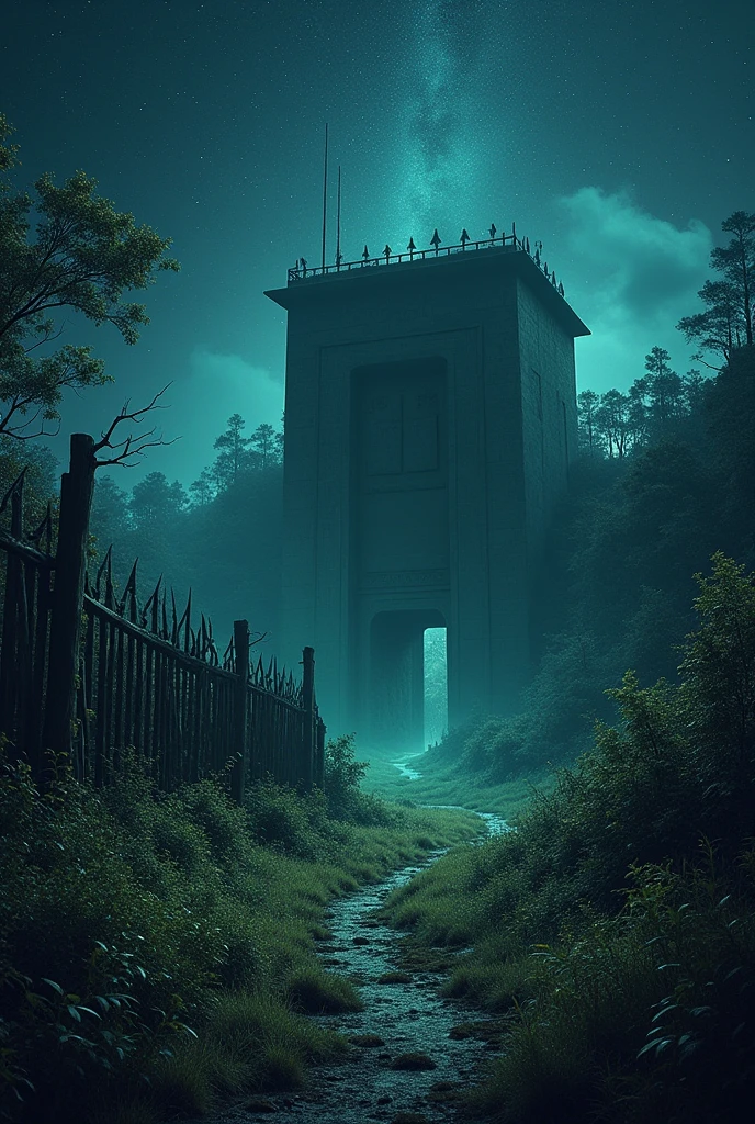 A dark place with magical nature , stars and a building resembling a military base covered by a fence 