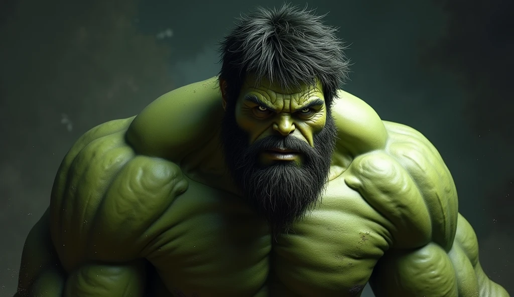 portrait of the incredibly hulk with a beard and scruffy hair looking ruff