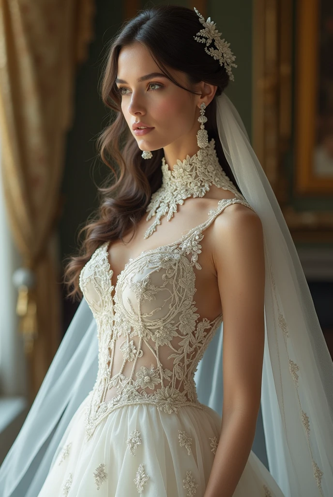 European woman model with veil . Wearing wedding dress embroidered tie neck collar. show full body. Extremely luxurious. 