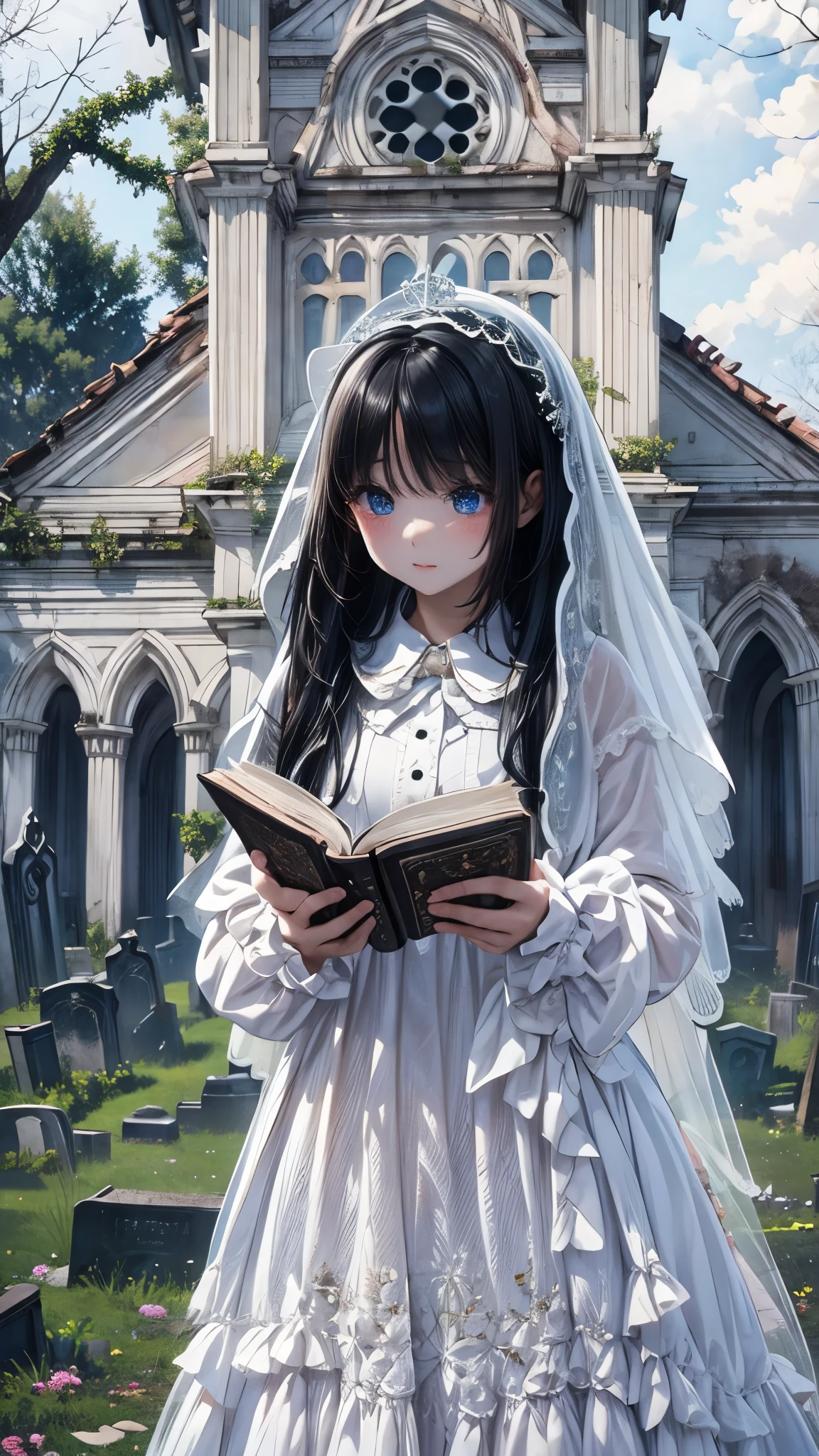 Very detailed、Many details、Accurate Fingers、Exact number of arms、high resolution、Ghost Girl、Standing with a thick book、White embroidered veil、White long sleeve frilly dress、cute、Black Hair、A fragile face peering at me、beautiful、Abandoned Church、Western cemeteries