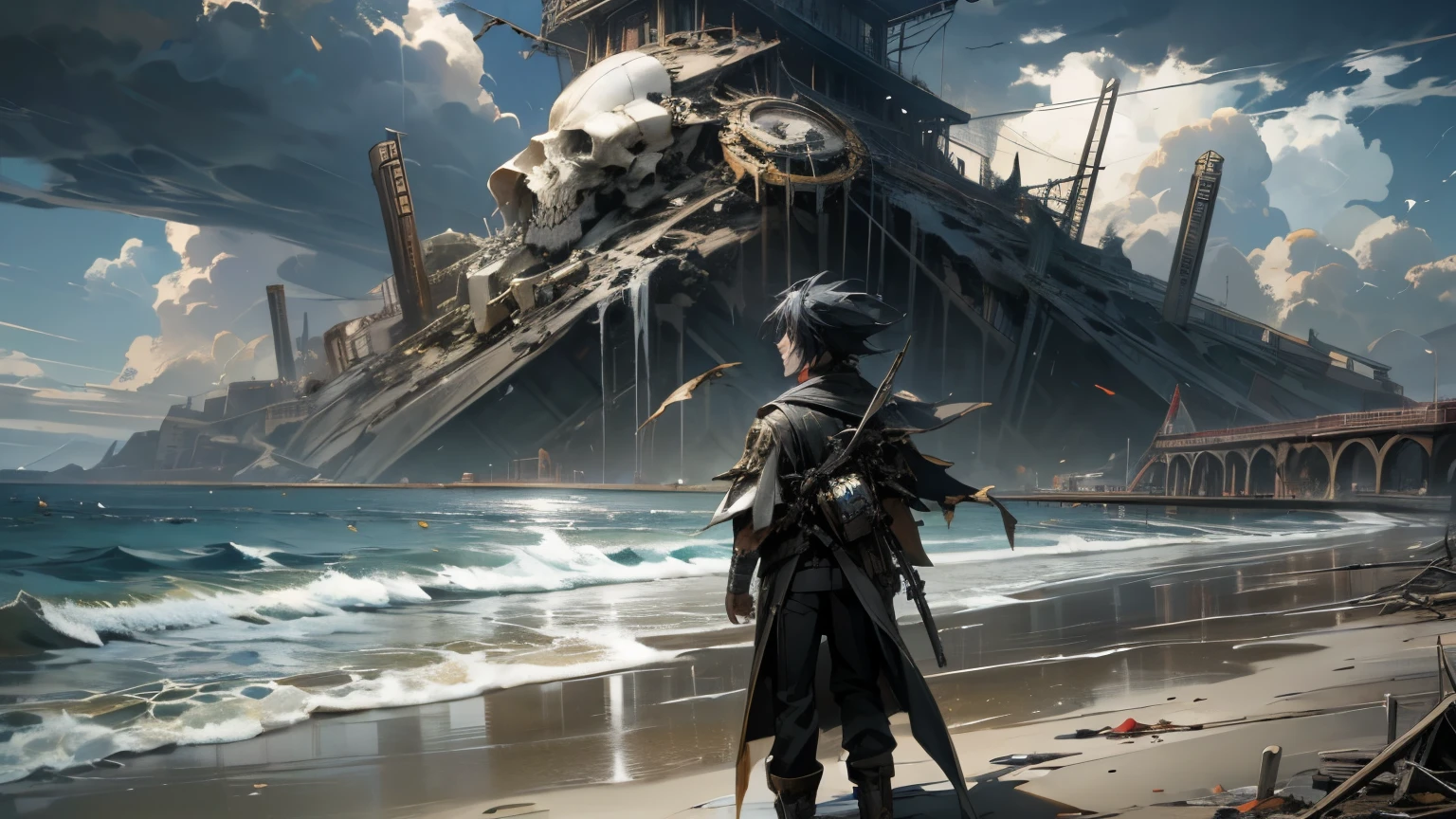Seaside Boy Apocalypse End of the World Broken Broken Redemption Brightness Masterpiece: 1.3 Maximum image quality 8K Complex detail Detailed background -s3 --auto --s2