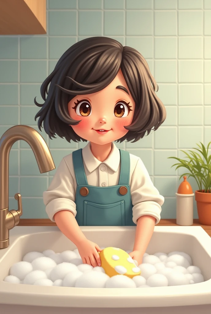 A cute adult with a bob haircut in a sink holding a sponge with lots of foam