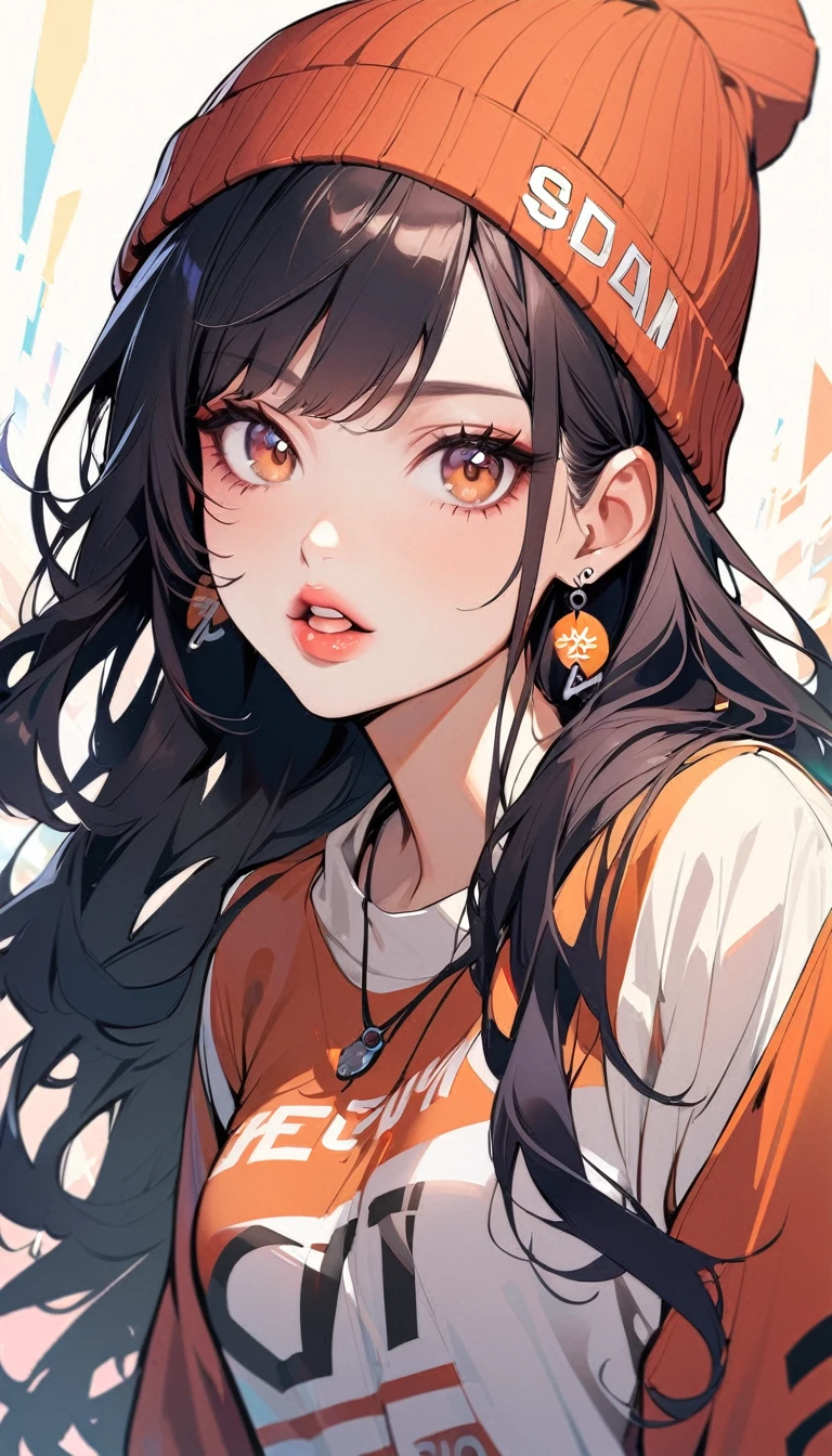 1girl, solo, long hair, black hair, clothes writing, brown eyes, looking at viewer, beanie, lips, upper body, open mouth, shirt, earrings