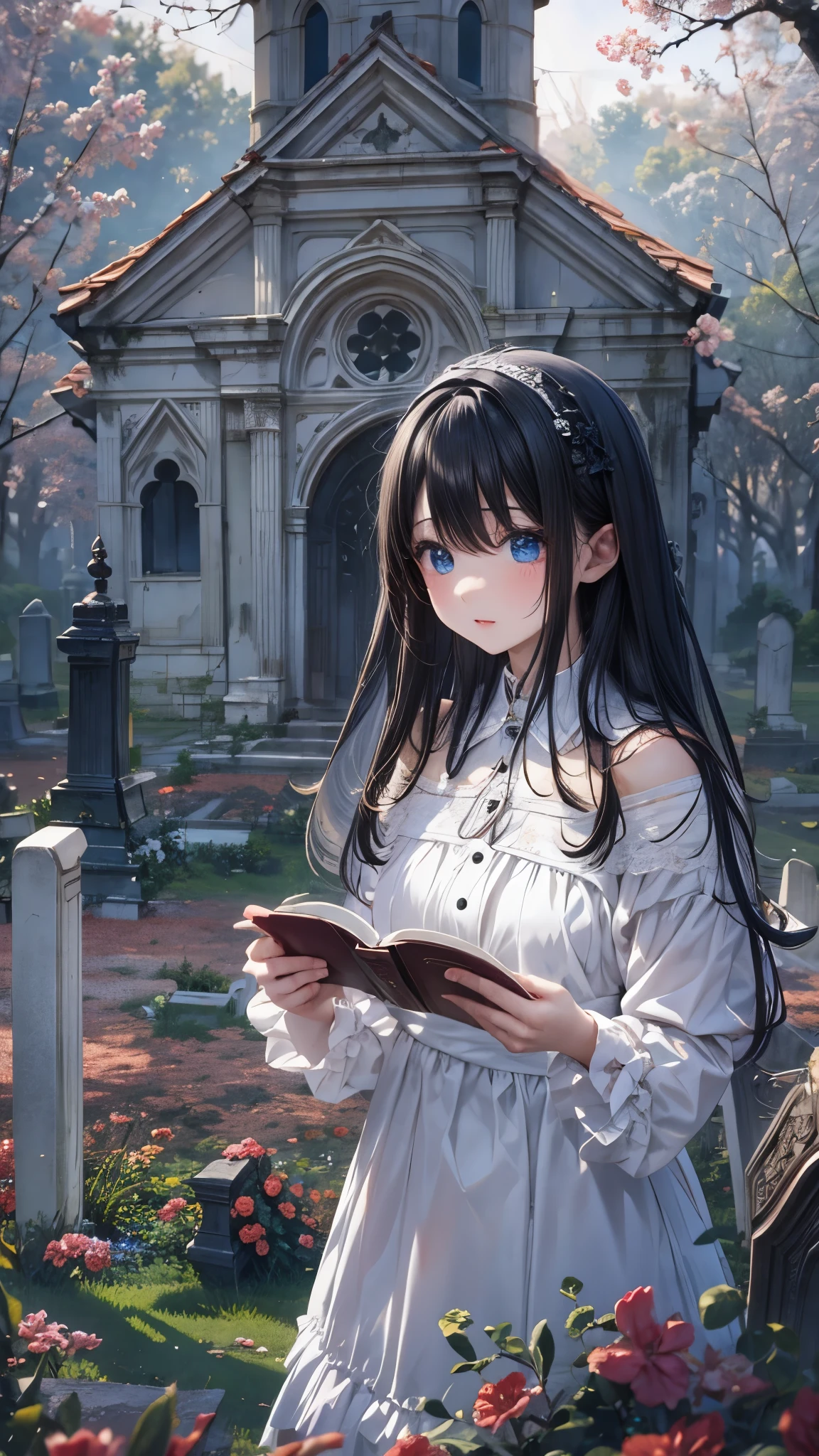 Very detailed、Accurate Fingers、high resolution、Ghost Girl、White Veil with Poetry Book、White long sleeve frilly dress、cute、Black Hair、A fragile face peering at me、beautiful、Abandoned Church、Western cemeteries