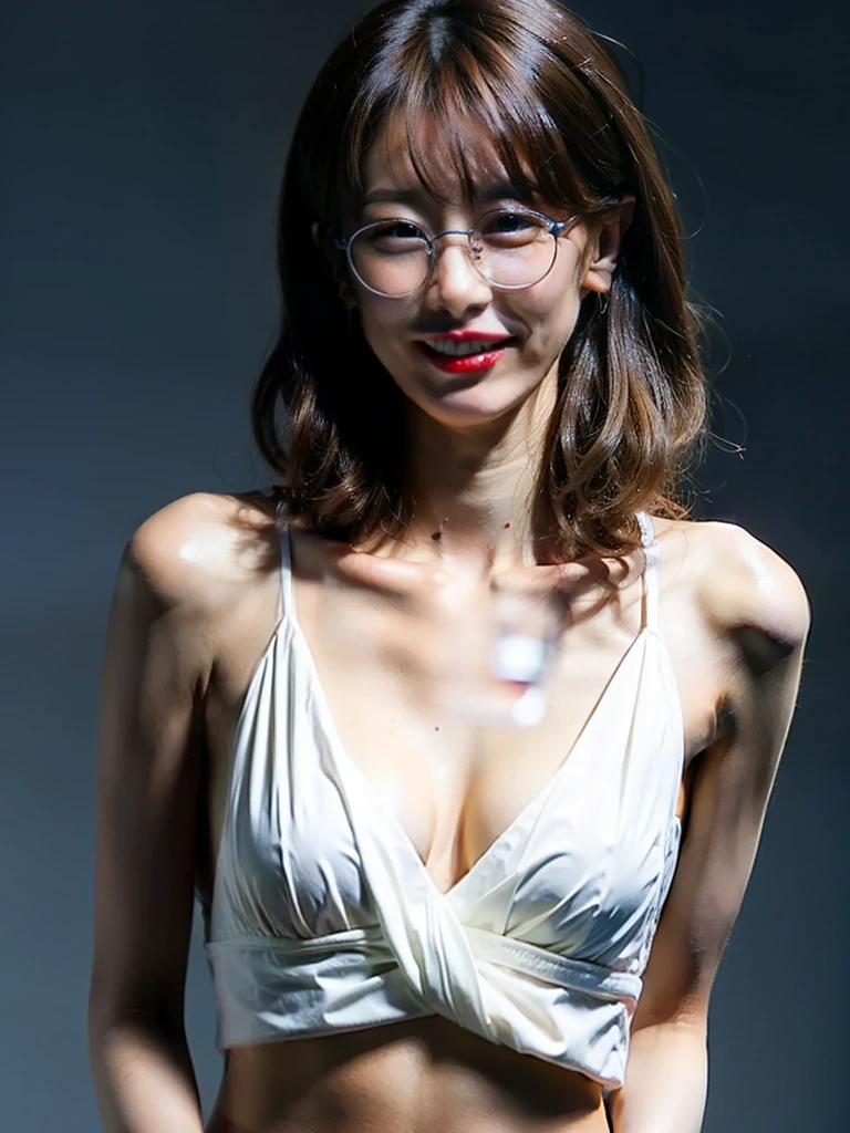 Full nudity、Gray background、pubic hair、Large Breasts、Thighs、Red lipstick、(((Glare)))、Curly Hair、Disheveled Hair、White sheer panties、Cute Woman、Floral Panties、