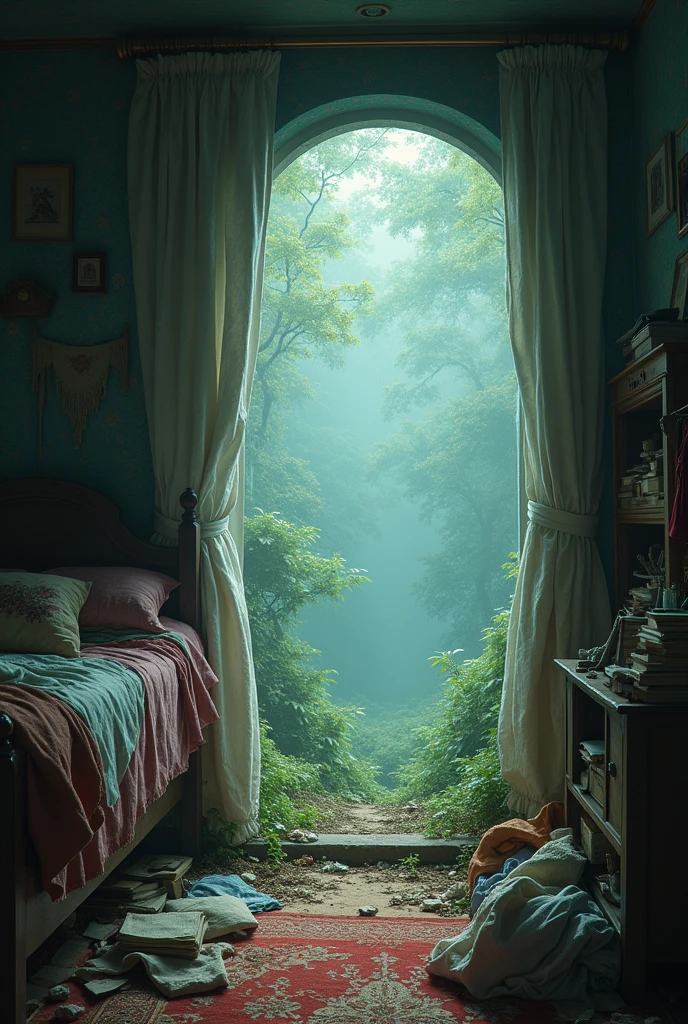 a hole in a messy bedroom, that connects to a mythical forest, full with fog. detailed textures.