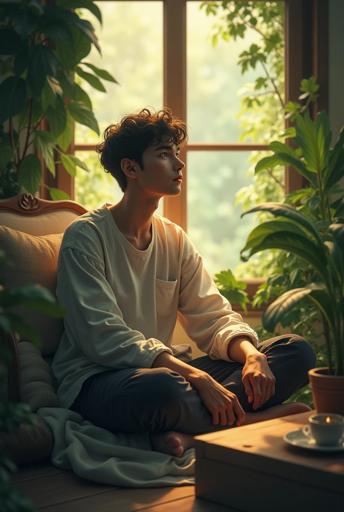 A character sitting in a serene environment, like a garden or a cozy room, with a dreamy or thoughtful expression on his face