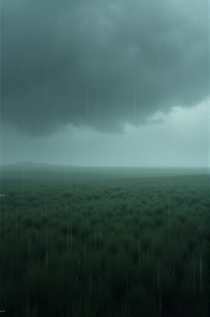 Create a landscape with large plains covered in tall, flowing grass, a dark and cloudy place where a calm and constant rain never stops falling,