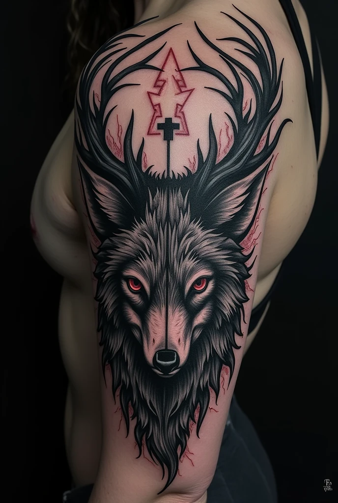 Anhangá tattoo art with deer antlers and maned wolf head 
