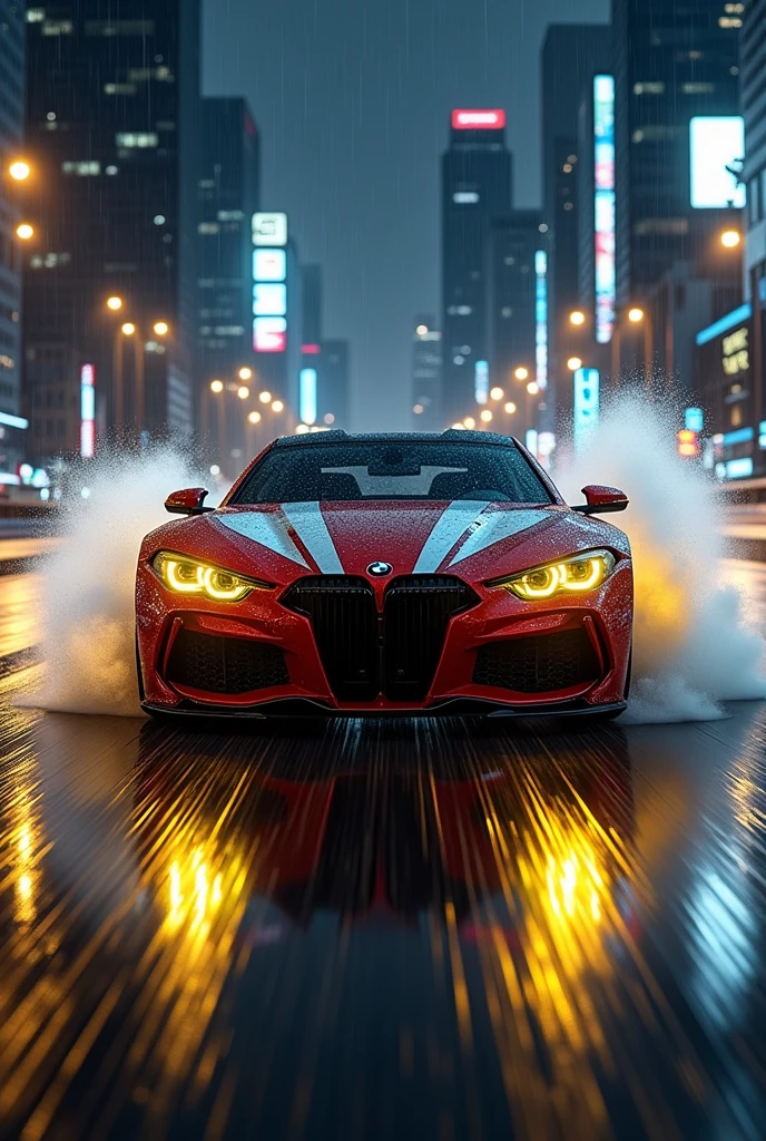 Bmw gt spot car red and white colours smoke yellow headlights rainy season in city highway might night