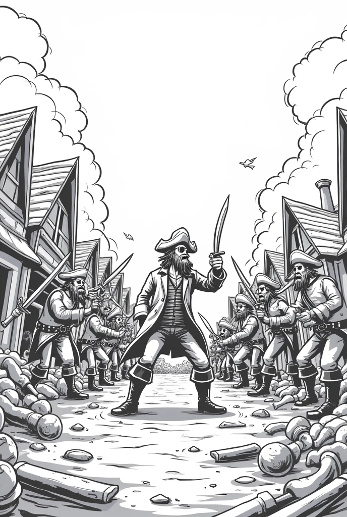 Create an easy to draw black and white drawing, of a pirate yelling at others , while they burn and kill people in a town that is around the sea.
Make the drawing easier to draw and not so realistic, Put an eye patch on one of the pirates&#39; eyes and put some destroyed things.
Place destroyed and burning things . Place swords and torches on the other pirates. Make the drawing easier to draw , it takes away realism , places destroyed and ruined houses . Fix the main pirate&#39;s eye and put houses destroyed and on fire . Place more pirates with torches and swords 