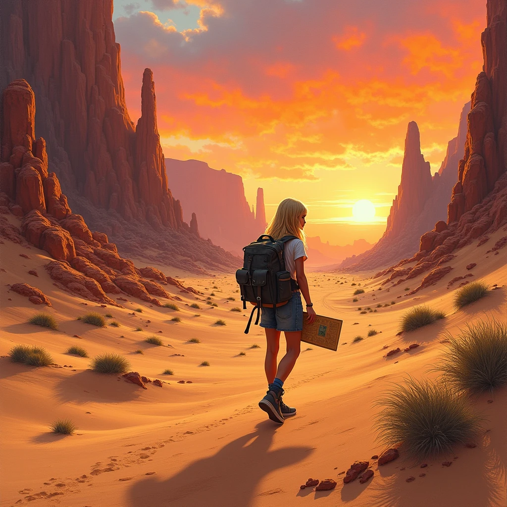An adventurous blond girl exploring an otherworldly desert landscape with towering sand dunes, a vibrant sunset casting long shadows, the girl in a determined pose with a backpack and map, an atmosphere of exploration and discovery, Painting, acrylic on canvas, bold brushstrokes capturing the desert's textures