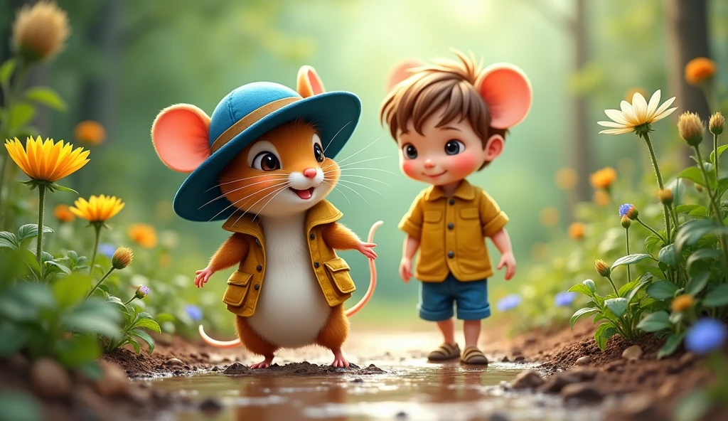 A drawing of a little mouse(( wearing a blue exploration hat )) crossing mud puddles together in a yard ((boy)) dark yellow shirt dress and blue shorts, em um jardim.