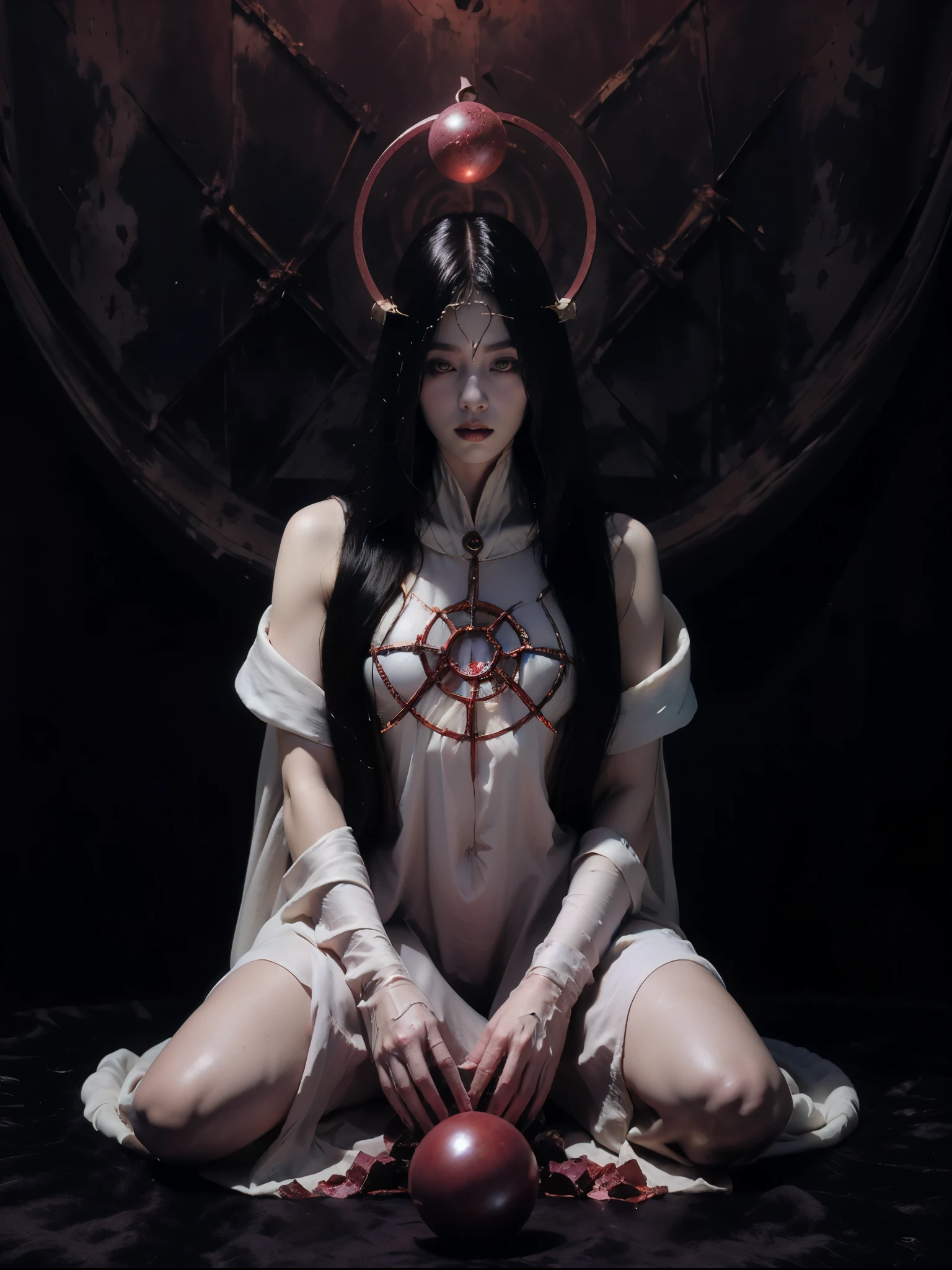 Albedo,Create a highly detailed and atmospheric digital painting of a cosmic dark entity meditating in a lotus position on the surface of a barren planet. The entity has a shadowy, featureless face and a muscular humanoid body covered in dark organic tendrils that appear to flow and twist around it.. A bright red crystal is embedded in his chest, pulsating with dark energy. Above the head of the entity, A spinning purple and black cosmic vortex with a glowing mystical orb at its center radiates power, Shedding an ethereal light. The background features a vast star-filled galaxy with purple nebulas and distant cosmic phenomena., creating a sense of infinite space and power. The lighting is dark and sinister, and the main sources of light are the glowing red crystal and the mystical orb. The overall color palette is dominated by deep purples., black and touches of red, evoking a sense of cosmic mystery and power.