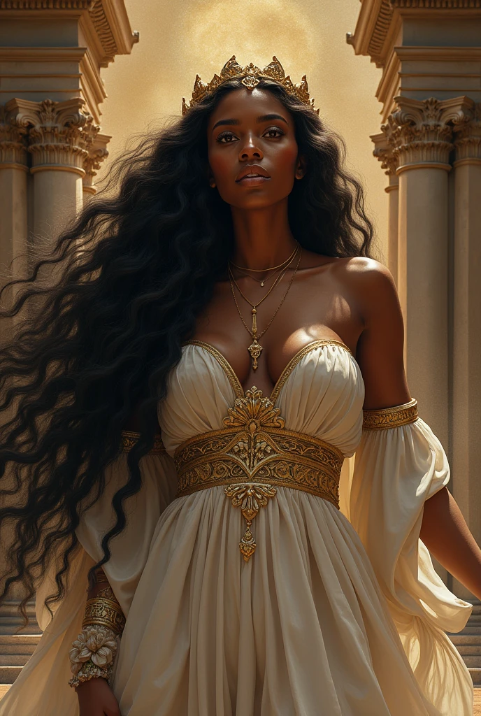 A dark-skinned goddess with long, wavy hair in the Renaissance style