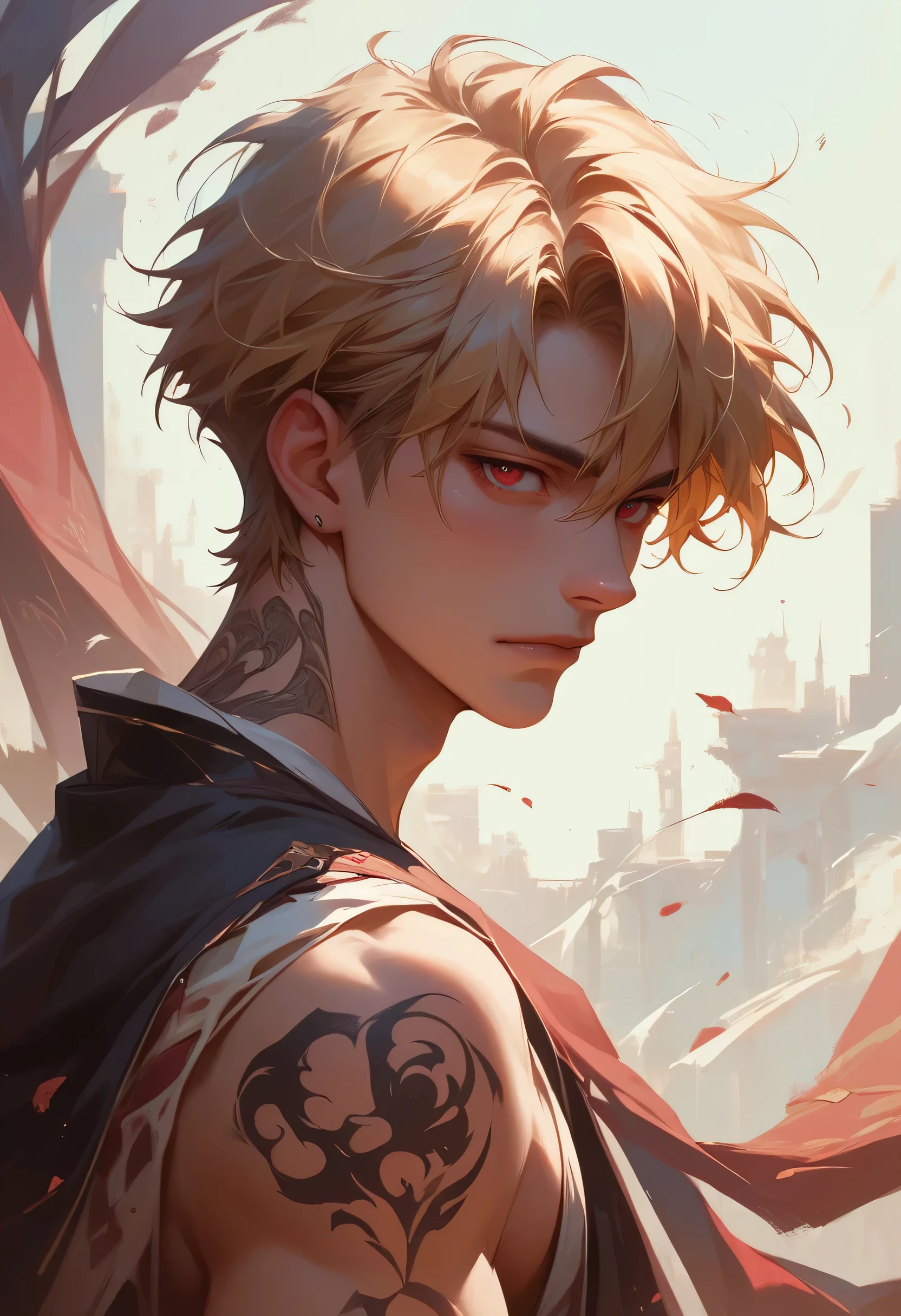 Highest quality, masterpiece, High resolution, 1 person, male, thin, alone, Upper Body, Short blonde, Red eyes, Around , tattoo