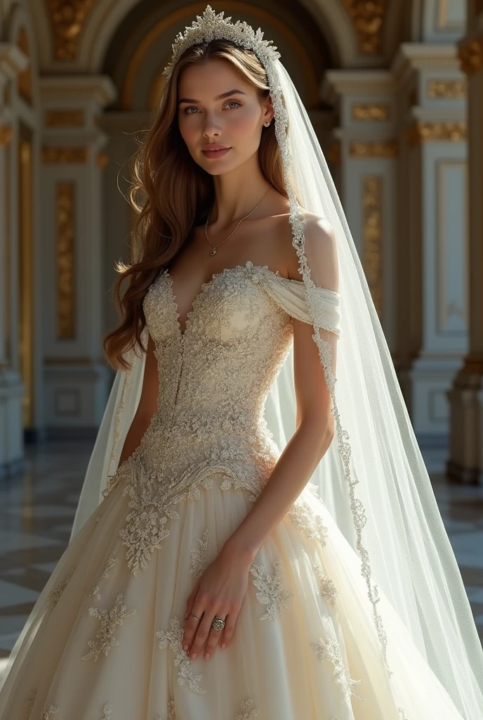 European woman model with veil . Wearing wedding dress neck collar attached to embroidered dress. show full body. Extremely luxurious. 